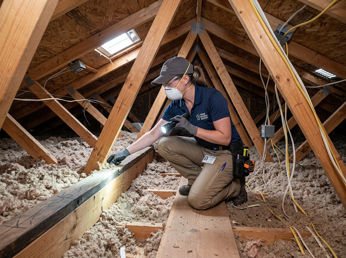 Technician in an attic inspecting top plates and insulation for air leaks - air sealing energy audit