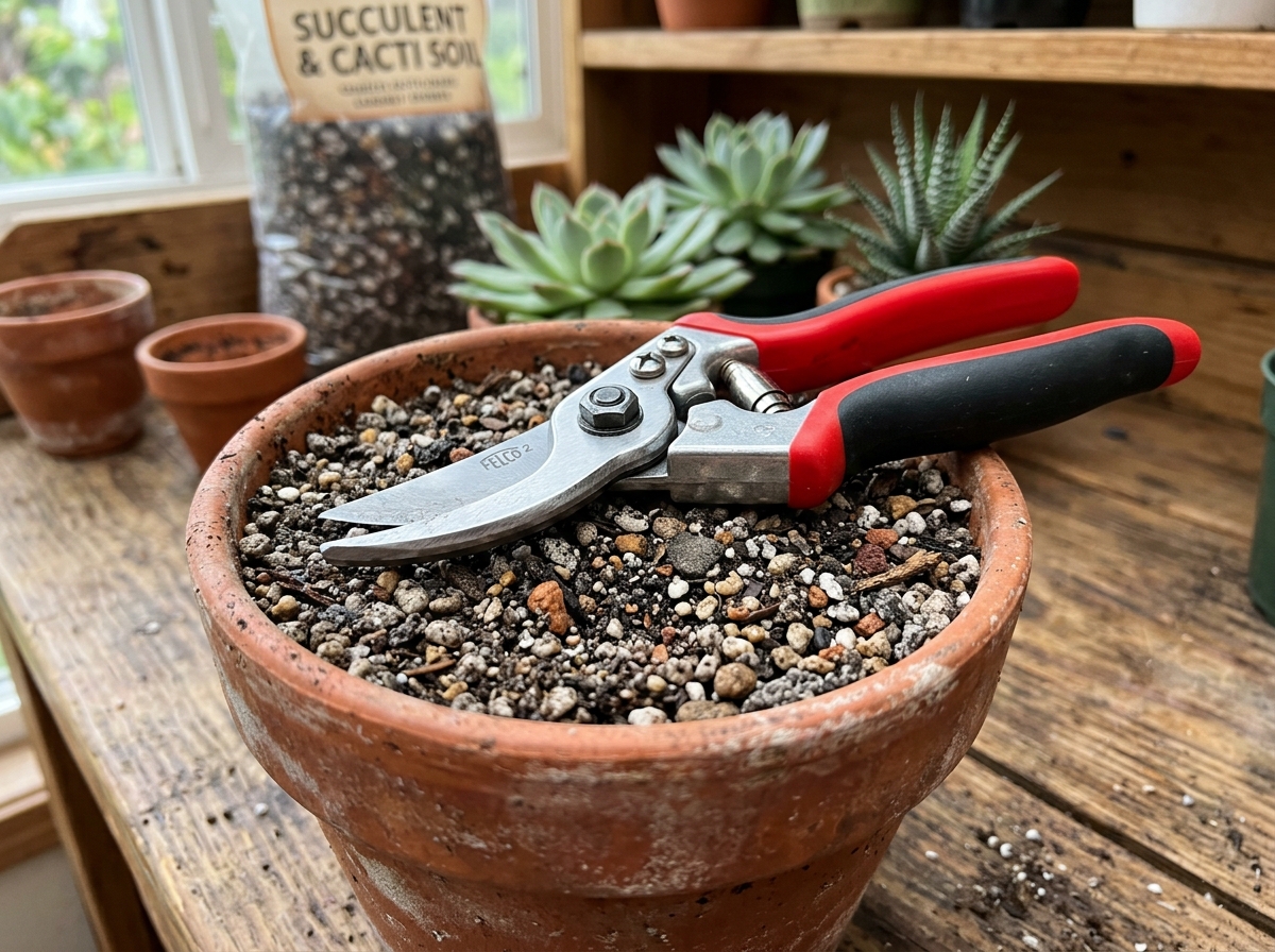 Sterilized pruning shears and succulent soil ready for planting - replanting succulents cuttings Sterilized pruning shears and succulent soil ready for planting - replanting succulents cuttings