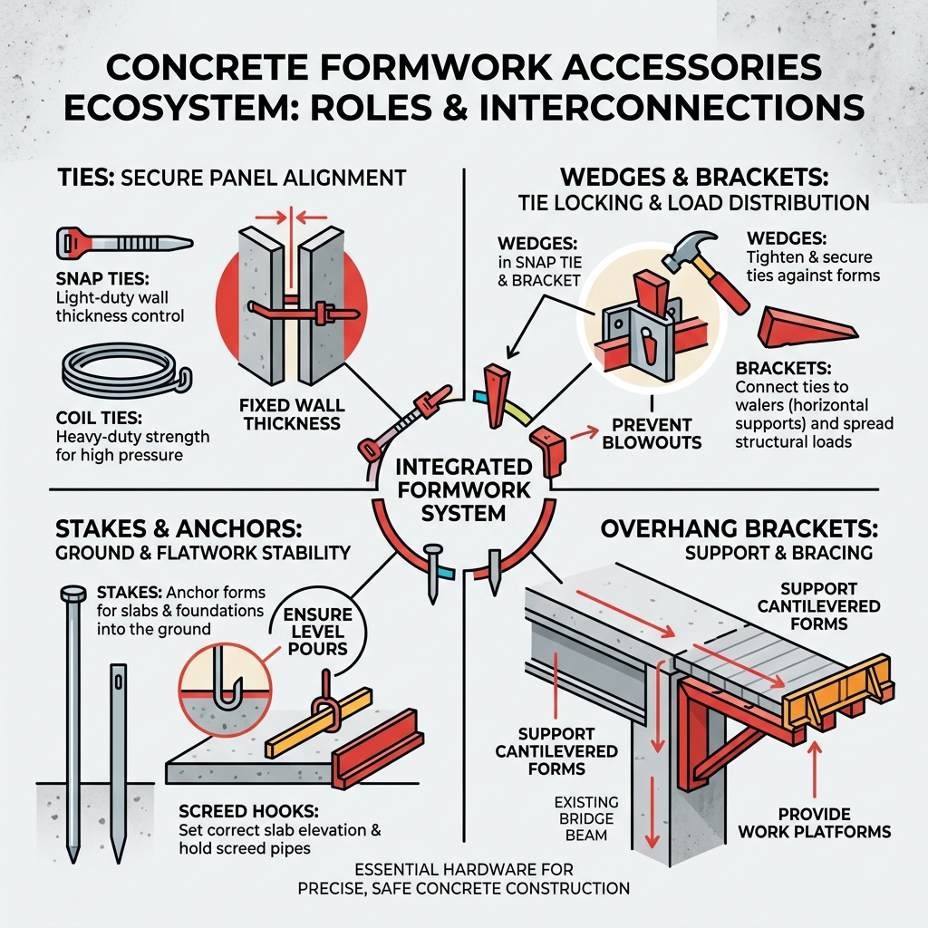 Concrete formwork accessories ecosystem infographic showing ties, brackets, wedges, stakes, and their roles - Concrete