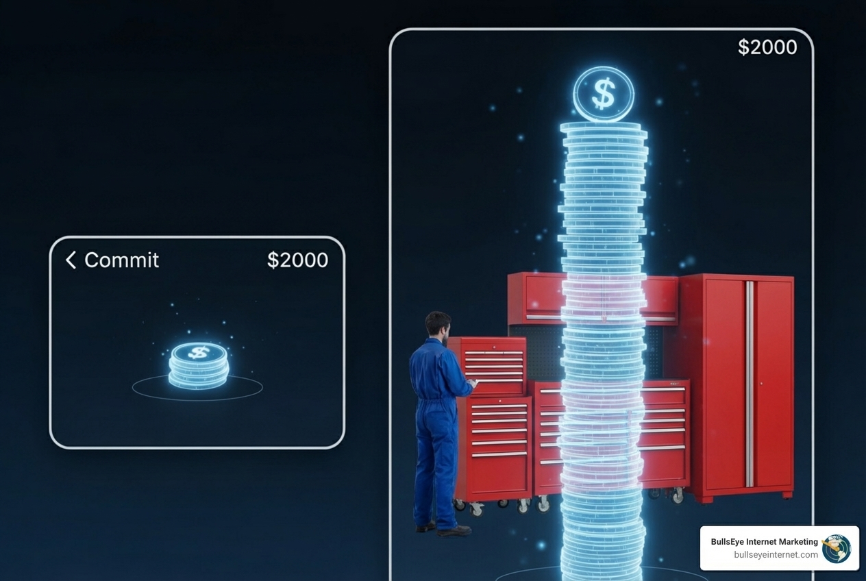 Visual representation of a digital stack of coins with a dollar sign, alongside a person in blue work attire interacting with red tool cabinets, emphasizing investment and financial commitment in Bing Ads management services.