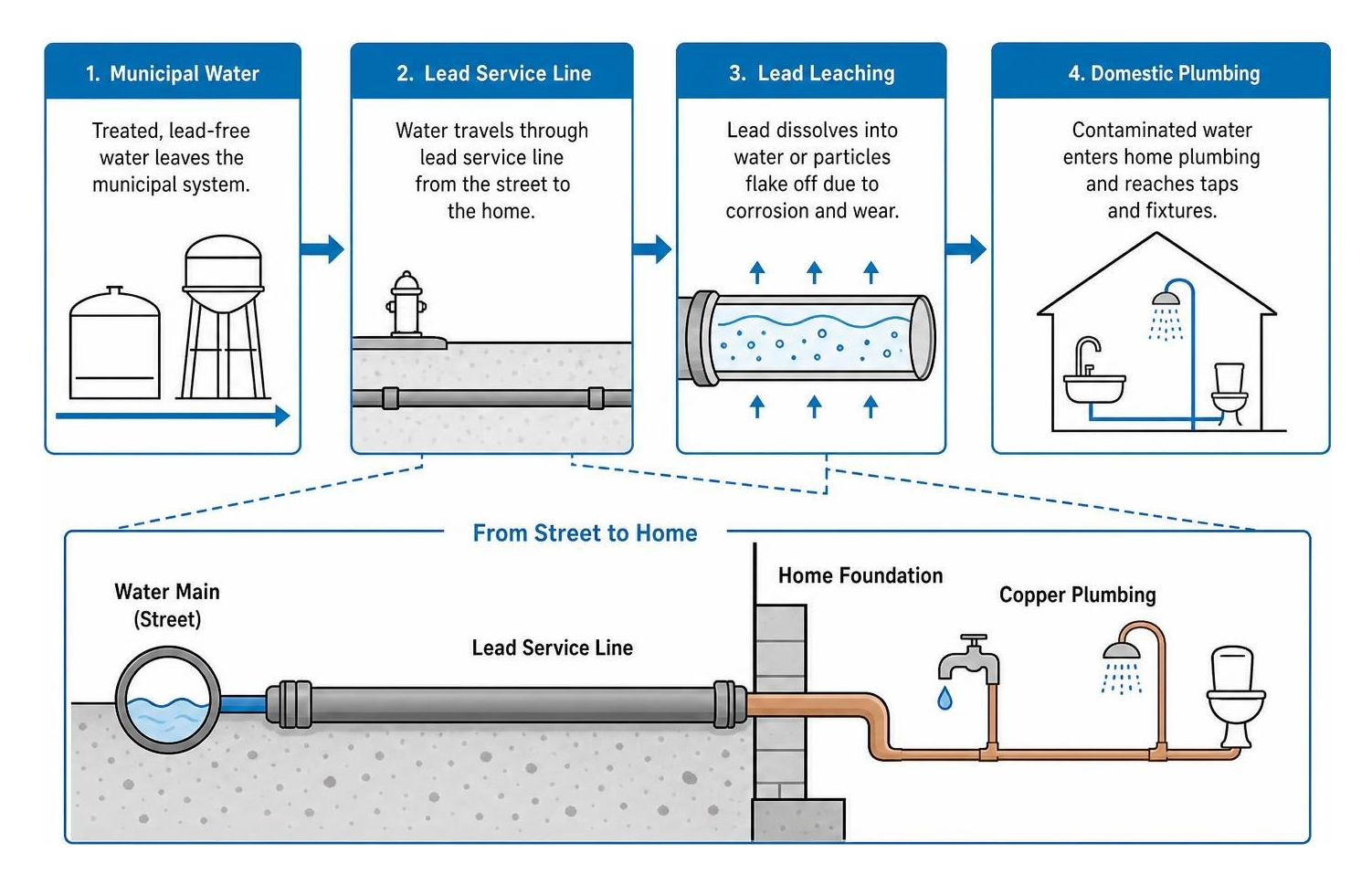 Diagram of lead leaching from service lines into domestic plumbing