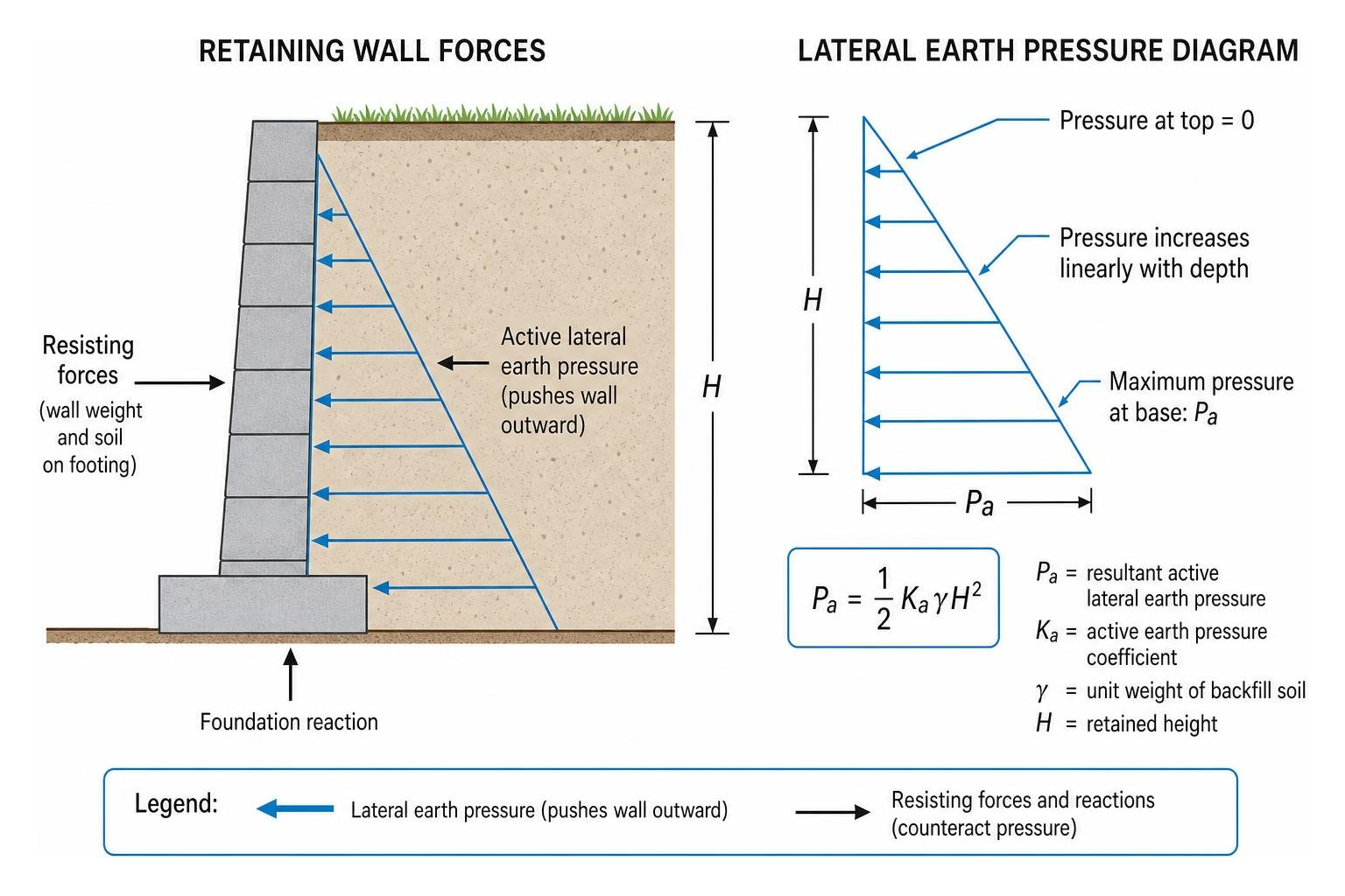 Retaining wall forces and lateral earth pressure diagram Retaining wall forces and lateral earth pressure diagram
