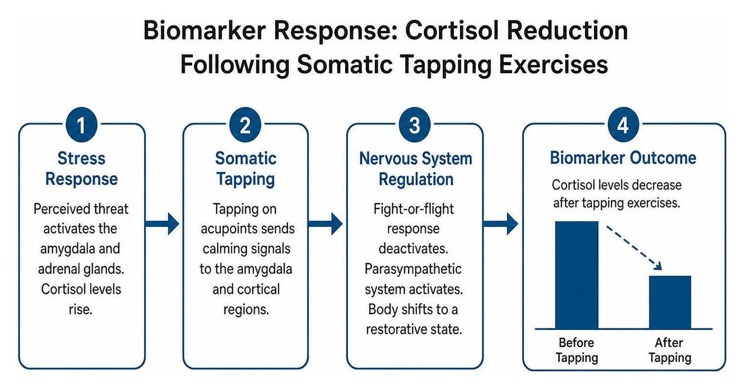 Biomarker response illustrating cortisol reduction following somatic tapping exercises Biomarker response illustrating cortisol reduction following somatic tapping exercises