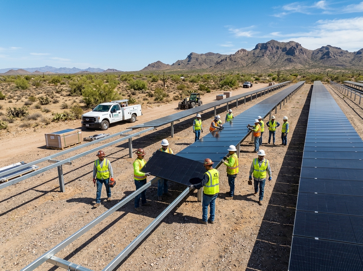 Construction crews in the Arizona desert installing rows of thin-film solar panels - agua caliente solar power plant Construction crews in the Arizona desert installing rows of thin-film solar panels - agua caliente solar power plant