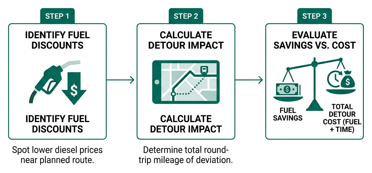 step by step sequence for evaluating detour distance versus fuel cost savings