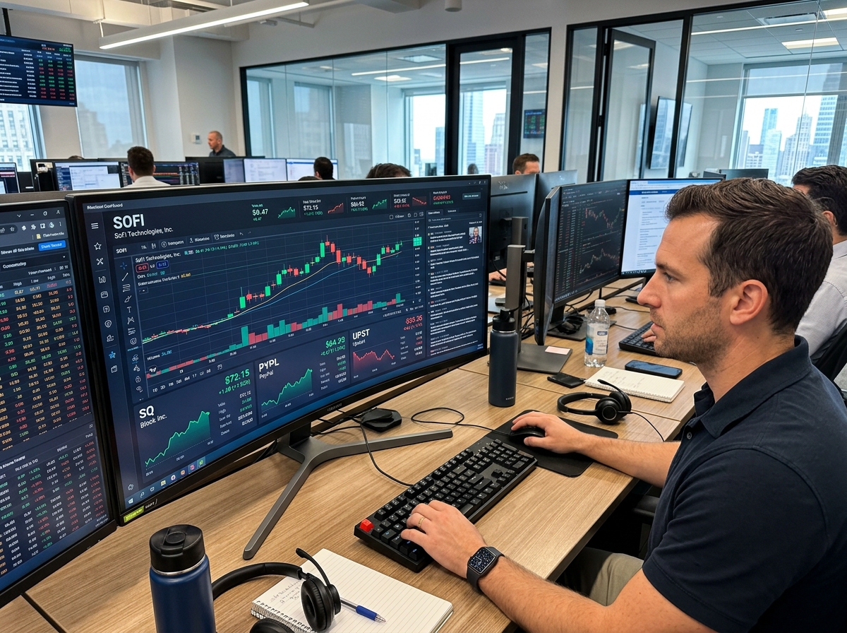 Real-time stock market dashboard showing SoFi and other fintech tickers - sofi stock