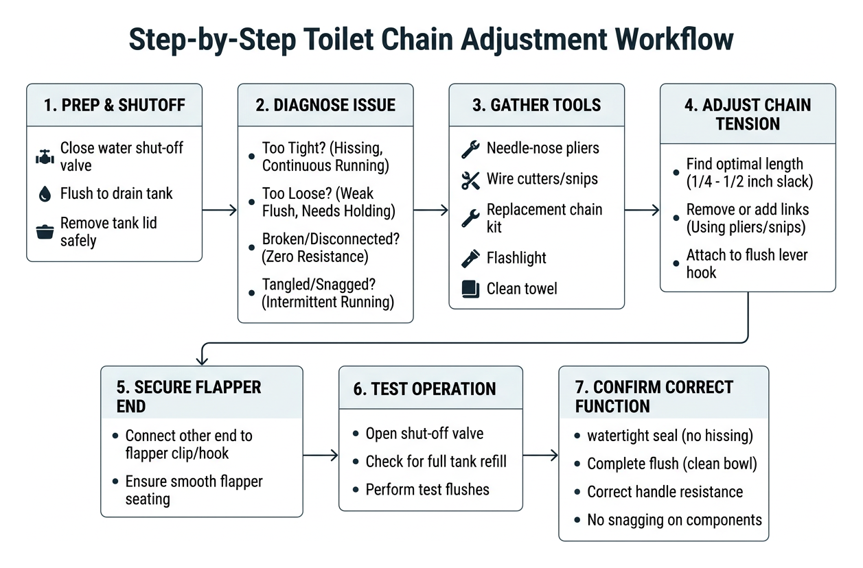 Step-by-step toilet chain adjustment workflow Step-by-step toilet chain adjustment workflow