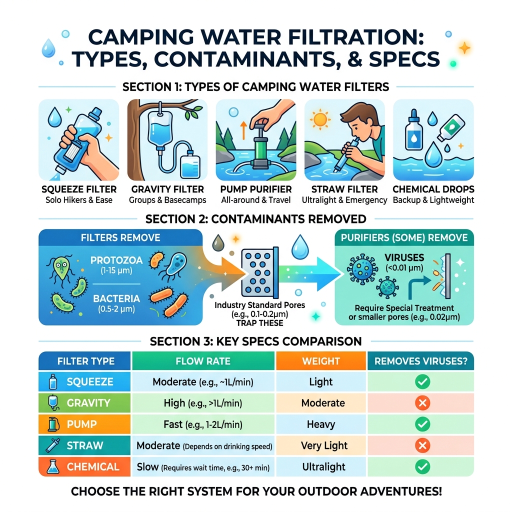 Types of camping water filters, contaminants removed, and key specs comparison infographic - portable water filtration Types of camping water filters, contaminants removed, and key specs comparison infographic - portable water filtration