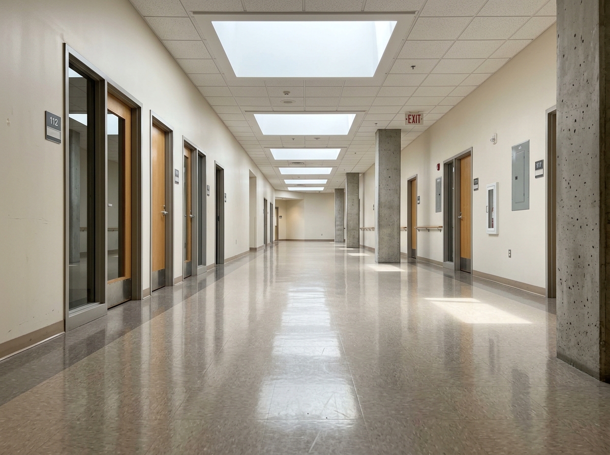 A wide-angle shot of a polished VCT floor in a bright commercial hallway showing high-key overhead lighting and subtle floor