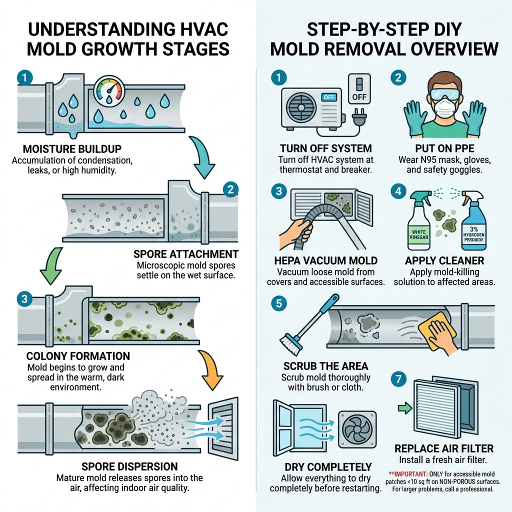 infographic showing mold growth stages in HVAC ducts and step-by-step DIY removal overview - diy air duct mold removal infographic showing mold growth stages in HVAC ducts and step-by-step DIY removal overview - diy air duct mold removal