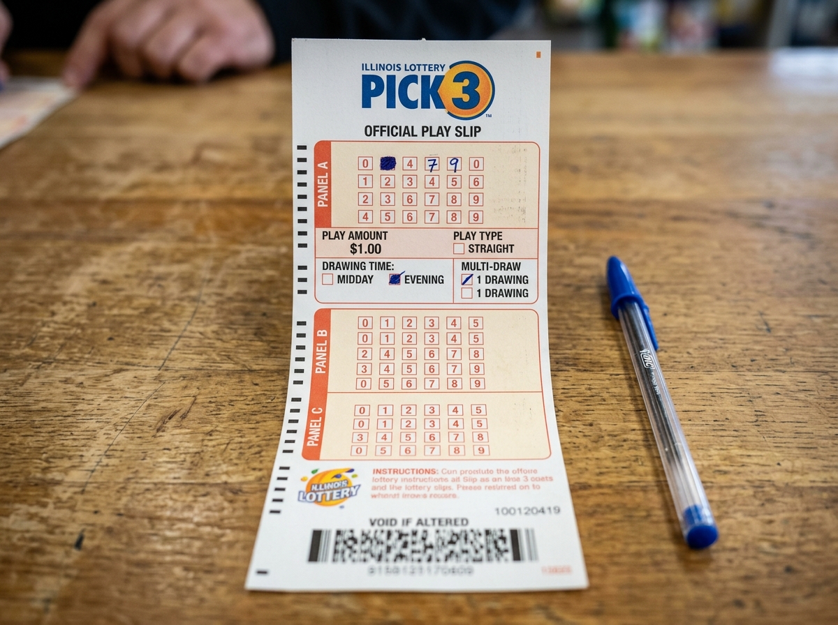 A close-up of an Illinois Pick 3 play slip with various numbers selected - illinois lottery pick 3 pick 4