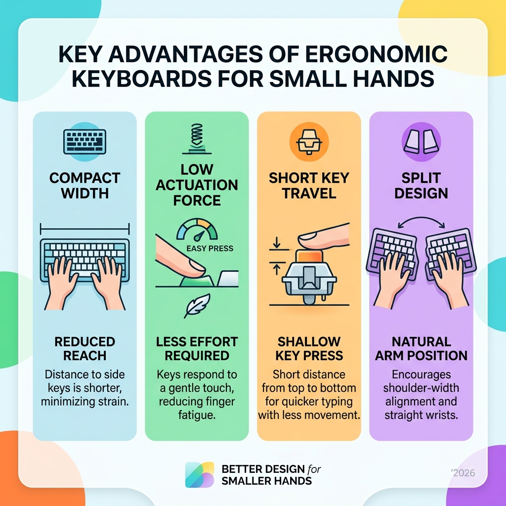 Benefits of ergonomic keyboards for small hands: compact width, low actuation force, short key travel, split design Benefits of ergonomic keyboards for small hands: compact width, low actuation force, short key travel, split design