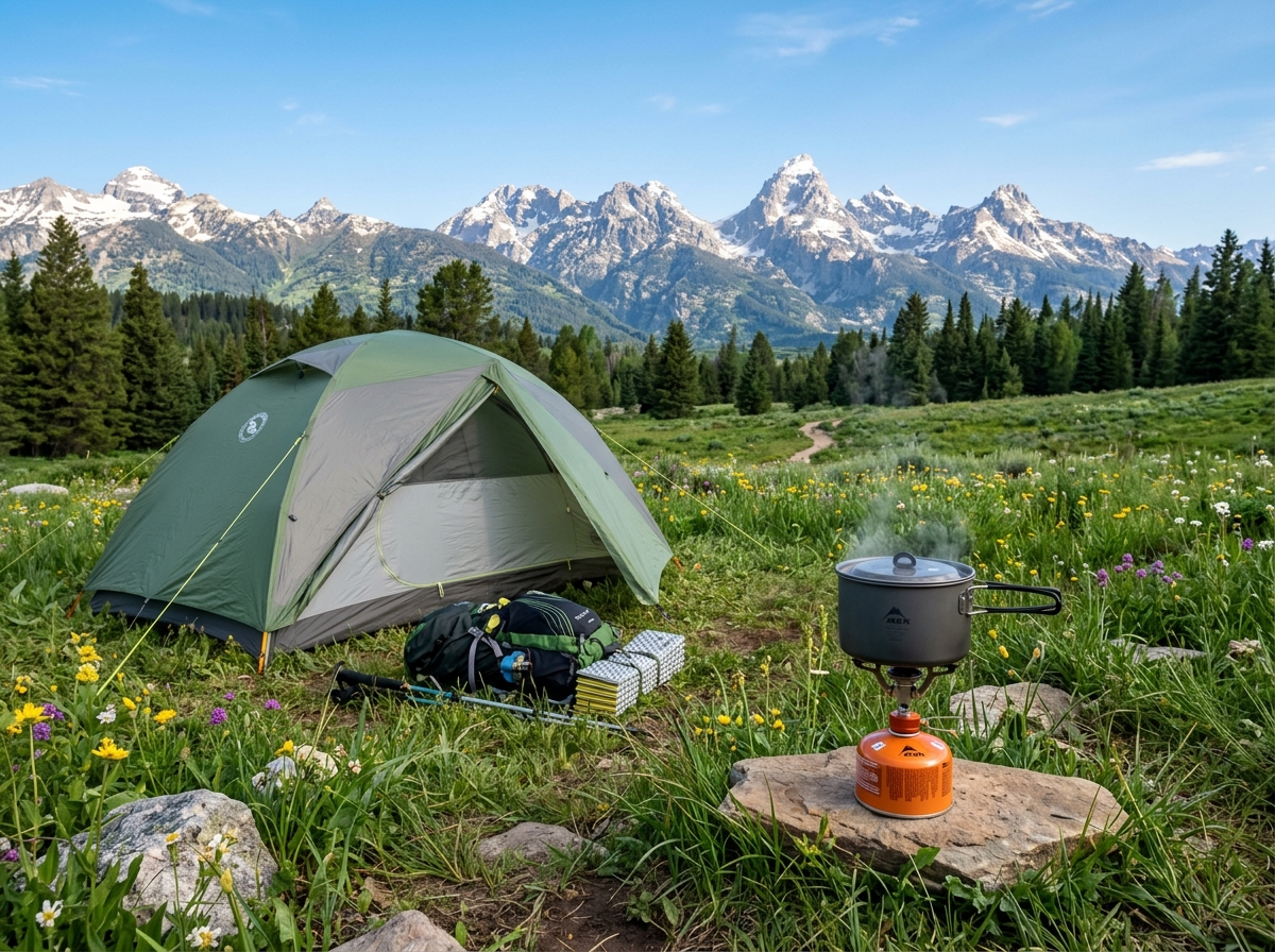 a lightweight backpacking stove and a compact tent set up in a meadow - cheap backpacking routes a lightweight backpacking stove and a compact tent set up in a meadow - cheap backpacking routes