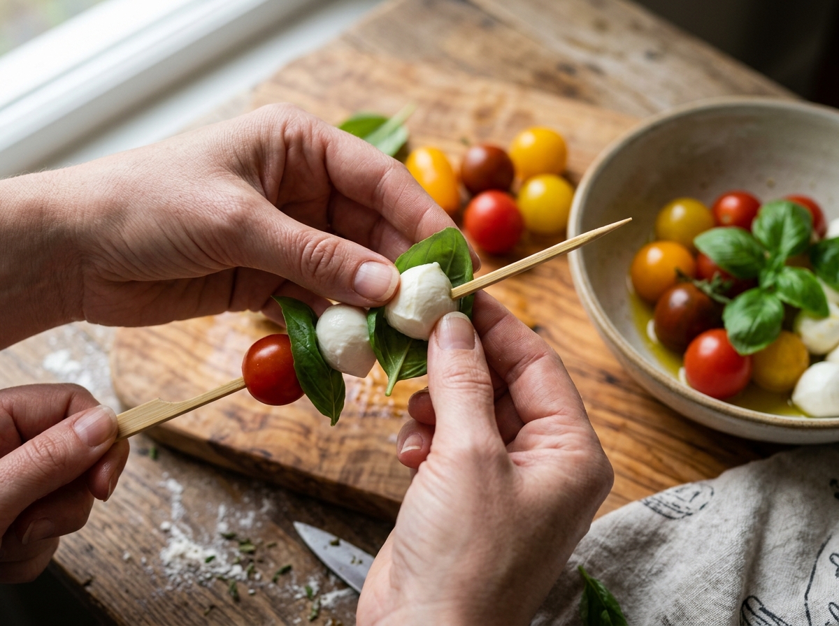 Close-up of hands threading a mozzarella ball and basil leaf onto a bamboo skewer - cherry tomato mozzarella skewers Close-up of hands threading a mozzarella ball and basil leaf onto a bamboo skewer - cherry tomato mozzarella skewers