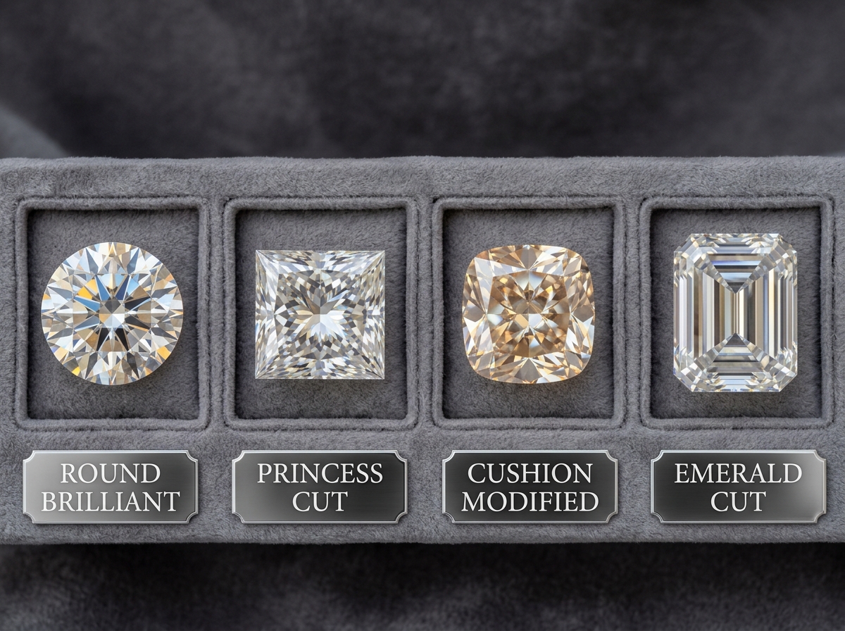 Various diamond cuts side-by-side showing round, princess, cushion, and emerald - diamond studs Los Angeles Various diamond cuts side-by-side showing round, princess, cushion, and emerald - diamond studs Los Angeles