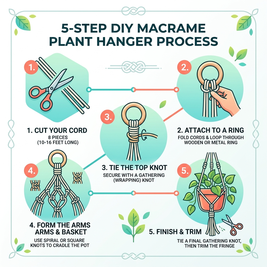 5-step infographic showing the macrame plant hanger process from cutting cord to finished hanger - macrame hanging planters