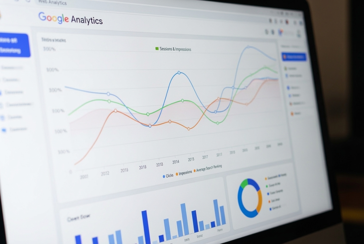 Screenshot of the Google Search Console performance report showing clicks, impressions, CTR, and average position over time - online visibility boost