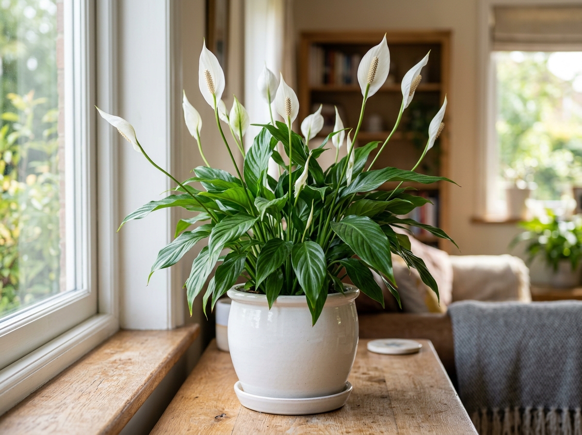 Image of a healthy, blooming Peace Lily in a white ceramic pot - 9 houseplants that remove toxins from your indoor air Image of a healthy, blooming Peace Lily in a white ceramic pot - 9 houseplants that remove toxins from your indoor air