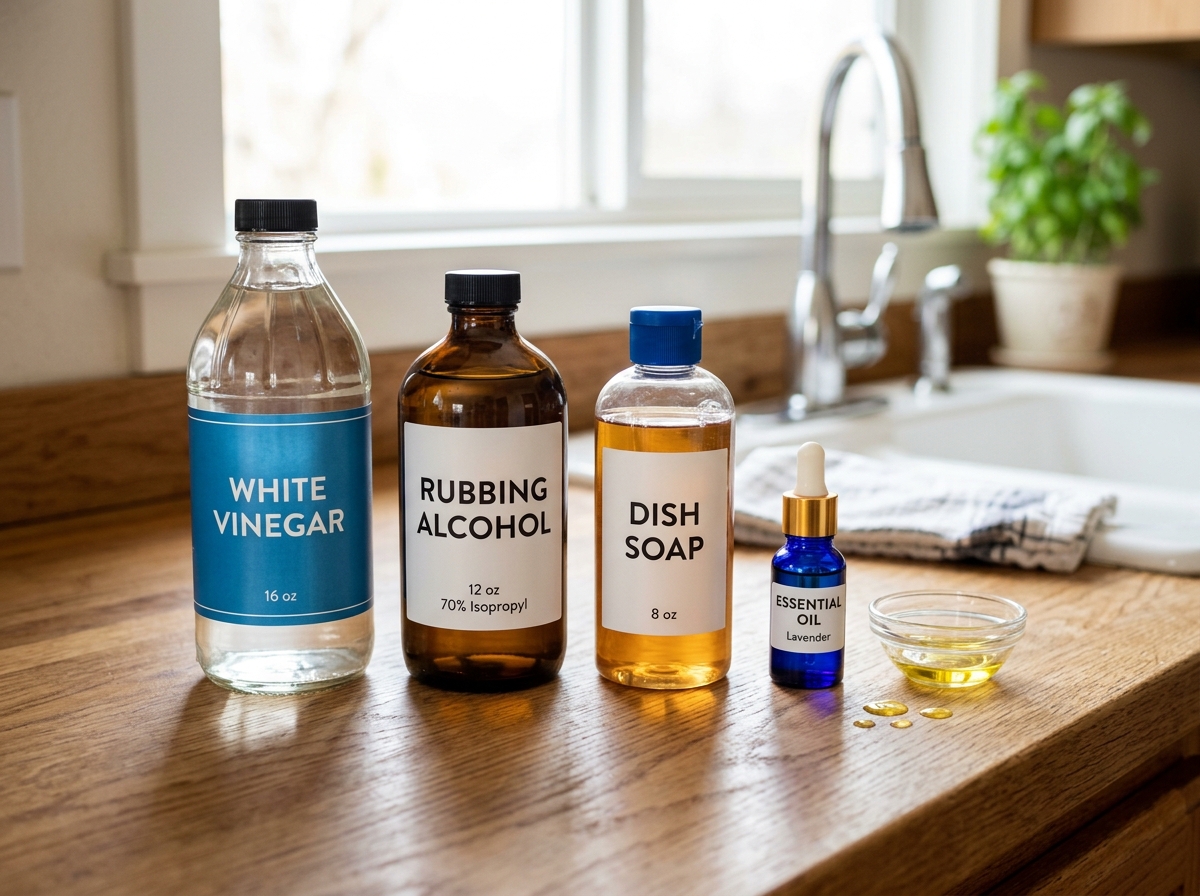 Ingredients for DIY cleaner including white vinegar, rubbing alcohol, and essential oils on a wooden counter - homemade Ingredients for DIY cleaner including white vinegar, rubbing alcohol, and essential oils on a wooden counter - homemade