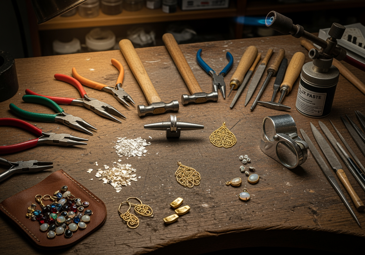 an artisan's workbench with tools like pliers, hammers, and raw metals - Handcrafted Jewelry