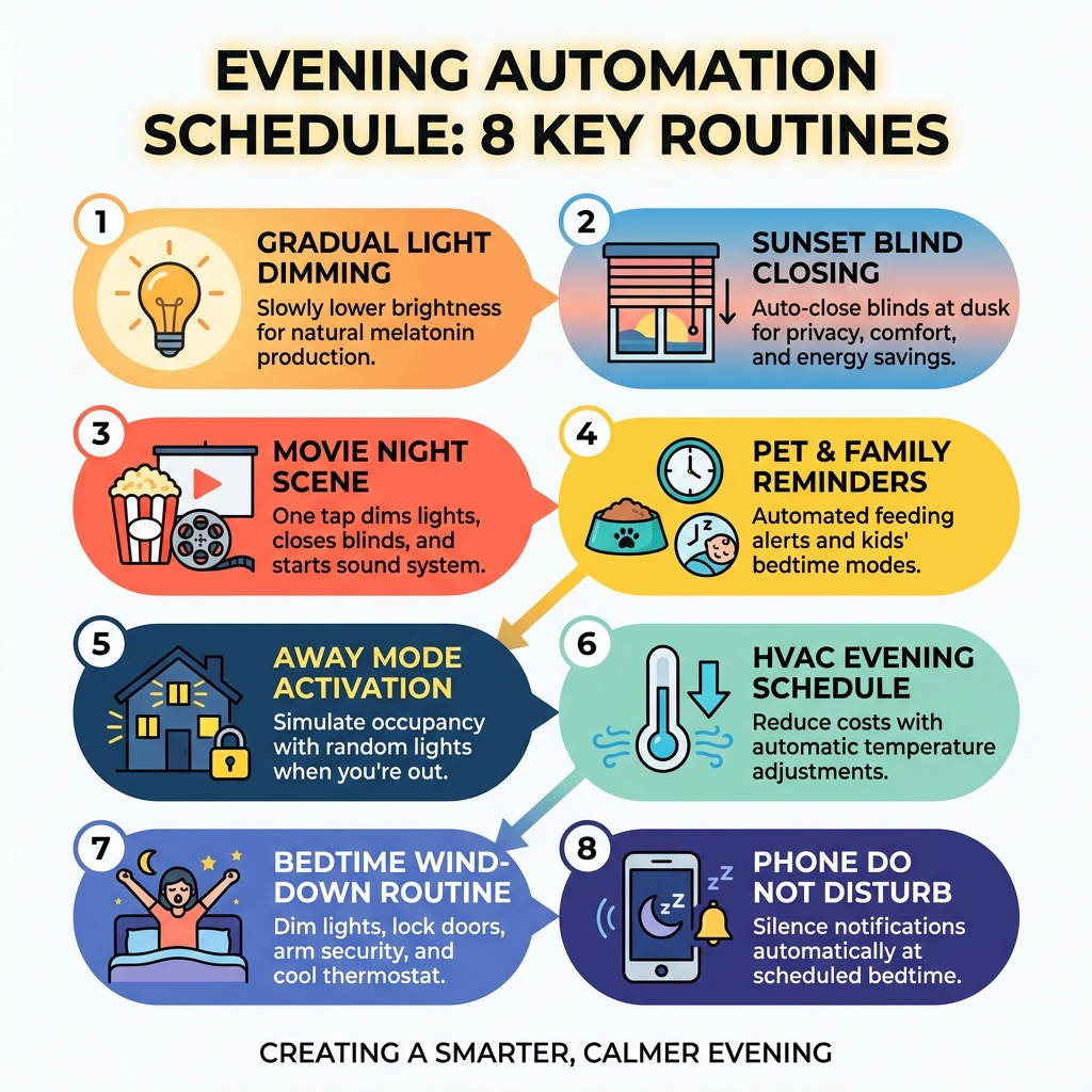 Evening automation schedule infographic showing 8 key routines from sunset to bedtime - evening automation schedule ideas