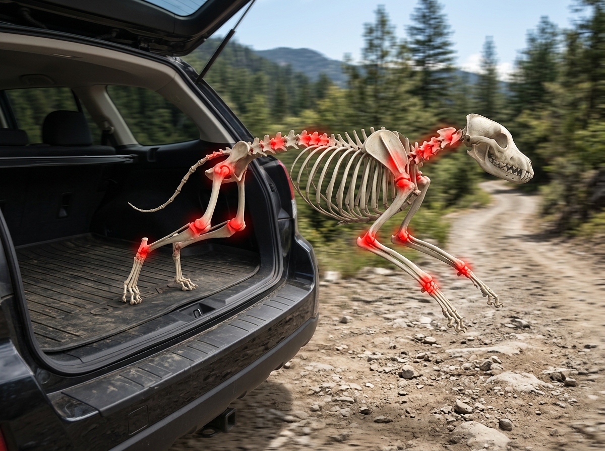 Illustration of canine skeletal stress points during high-impact jumping - car step ladder for dogs Illustration of canine skeletal stress points during high-impact jumping - car step ladder for dogs