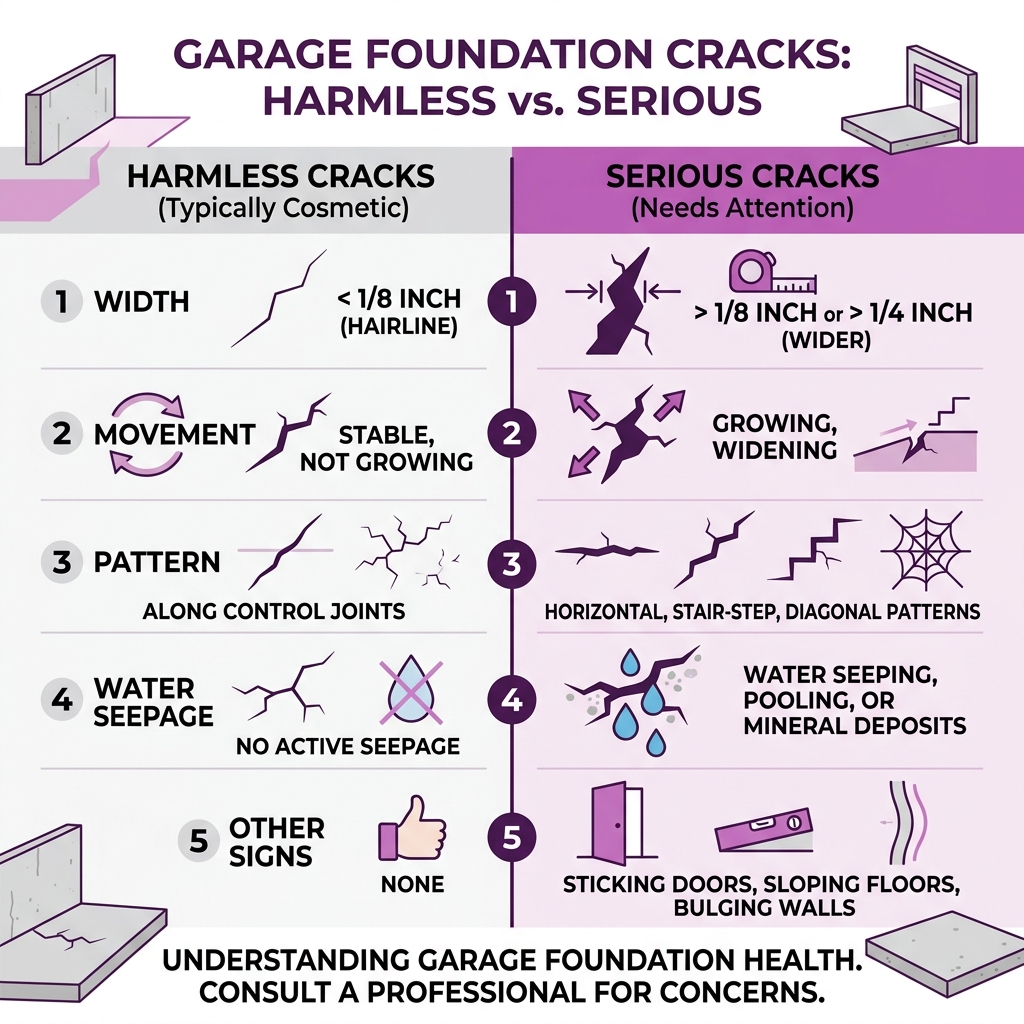 Infographic distinguishing harmless vs. serious garage foundation cracks - foundation cracks in garage infographic 