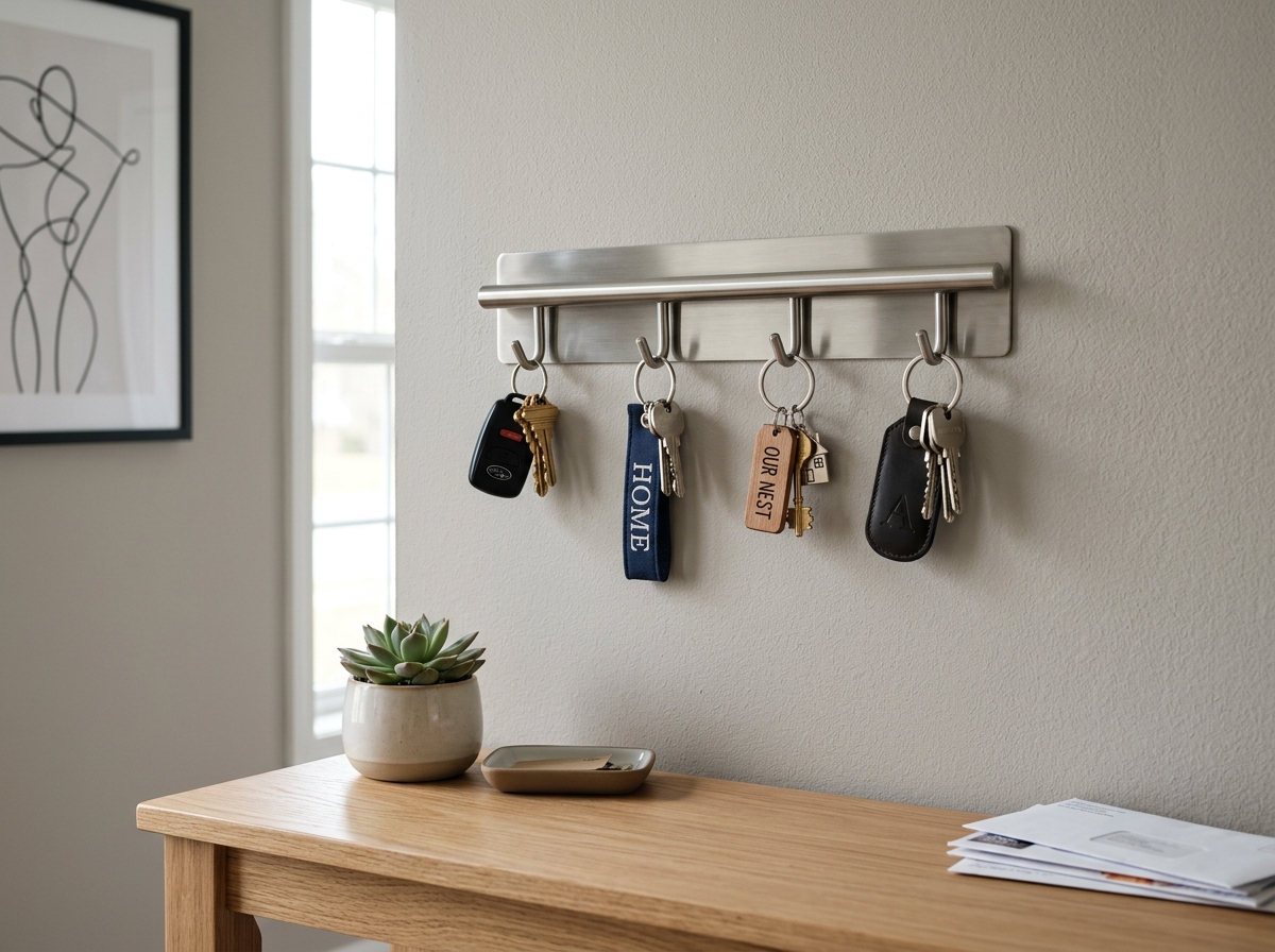 Decorative metal key rack on a modern entryway wall - adhesive hooks for keys