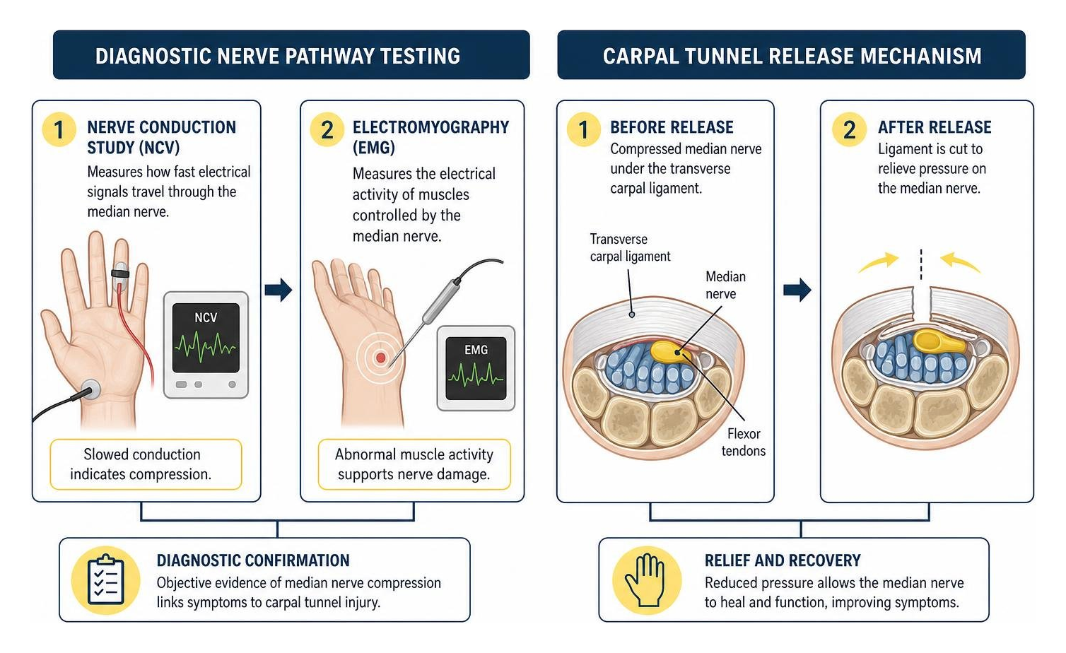 Diagram showing diagnostic nerve pathway testing and carpal tunnel release mechanism Diagram showing diagnostic nerve pathway testing and carpal tunnel release mechanism
