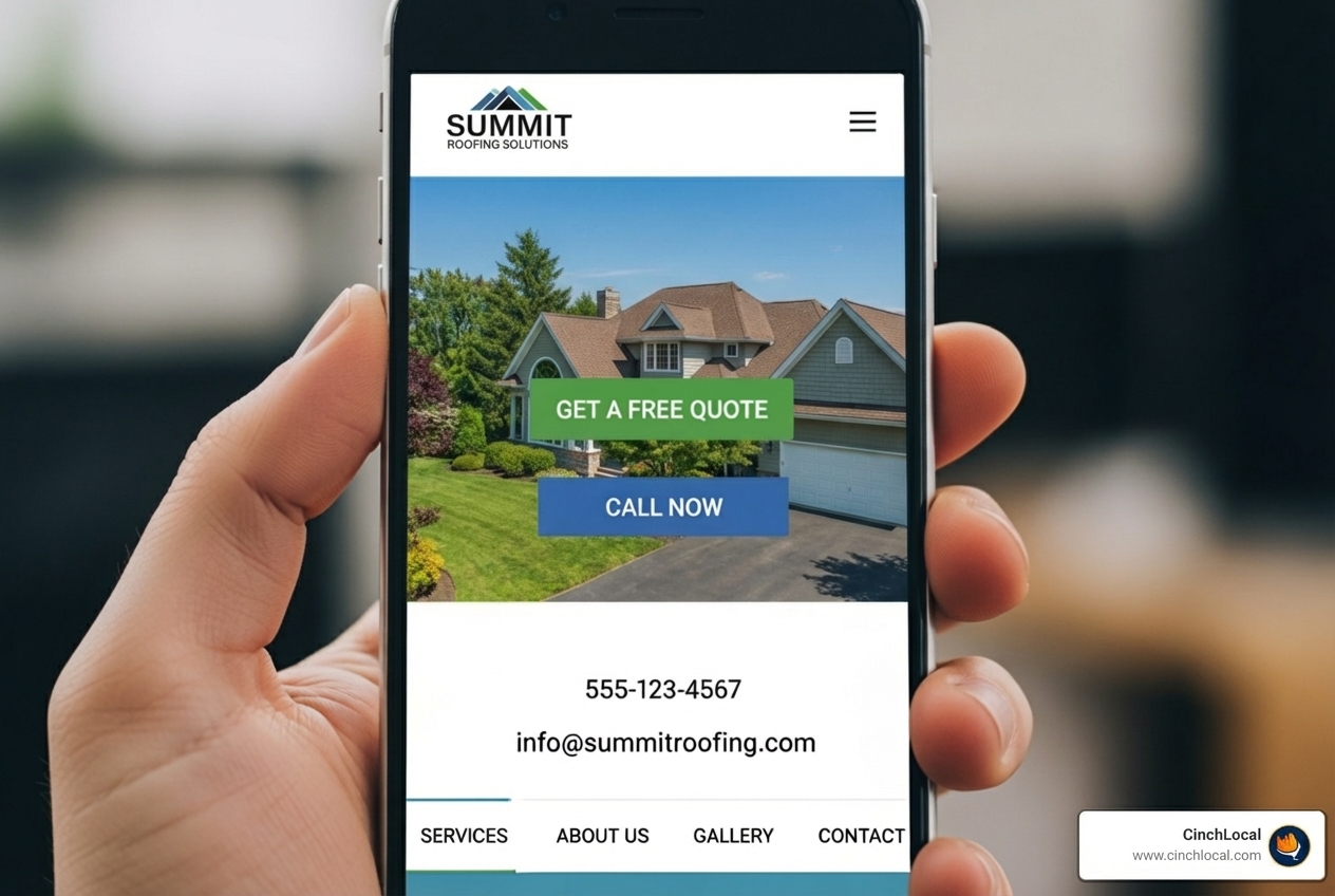 A smartphone displaying a mobile-friendly roofing website with clear calls to action and contact information - local city seo