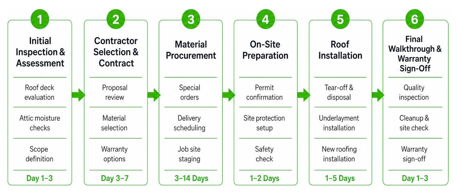 Detailed 6-phase sequence from initial inspection to final walkthrough and warranty sign-off Detailed 6-phase sequence from initial inspection to final walkthrough and warranty sign-off