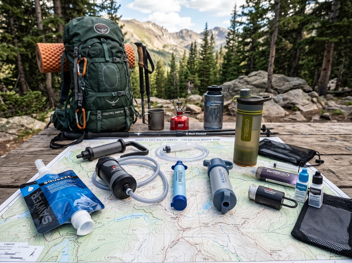 Various portable water filters displayed on a topographic trail map - high capacity purifier backpack Various portable water filters displayed on a topographic trail map - high capacity purifier backpack