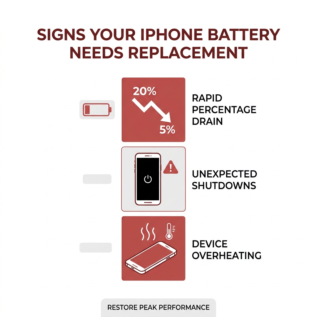 Infographic showing the signs of a failing iPhone battery including rapid drain and unexpected shutdowns - iphone battery