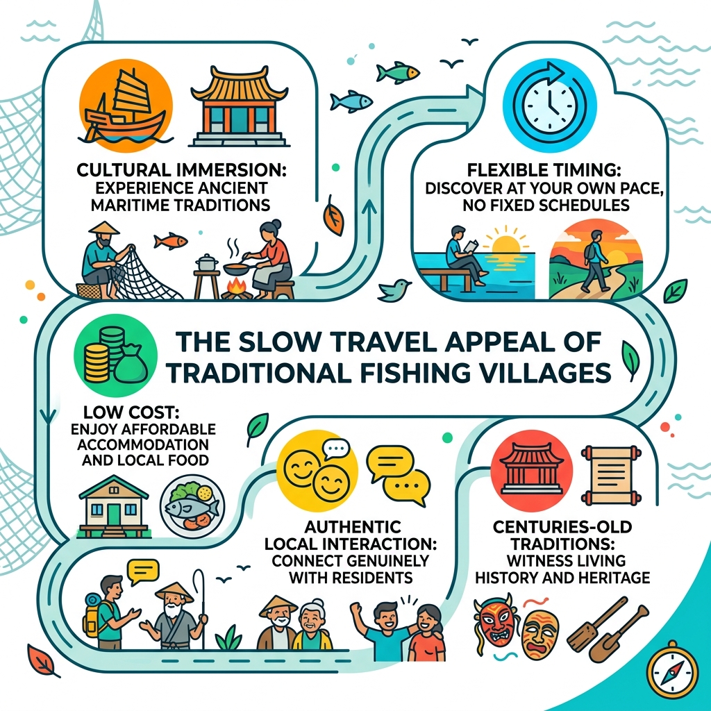 Infographic showing slow travel appeal of traditional fishing villages: cultural immersion, flexible timing, low cost