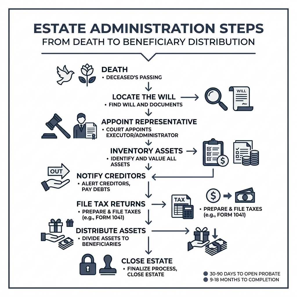 Flowchart showing estate administration steps from death to final asset distribution to beneficiaries - estate