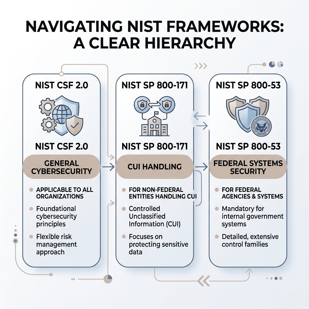 Infographic showing NIST framework hierarchy: CSF 2.0 for all organizations, 800-171 for non-federal CUI handlers, 800-53