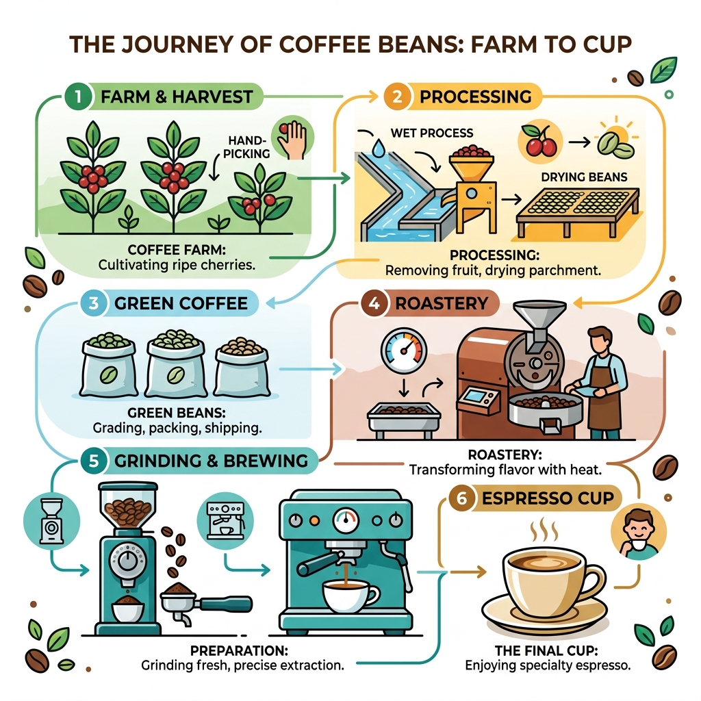 Coffee bean journey from farm to roastery to espresso cup infographic - coffee shop infographic Coffee bean journey from farm to roastery to espresso cup infographic - coffee shop infographic