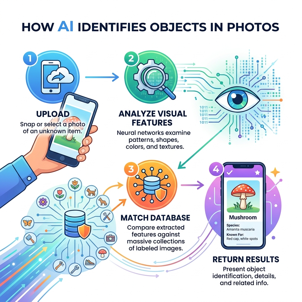 How AI processes a photo to identify objects: upload, analyze visual features, match database, return results - take a pic