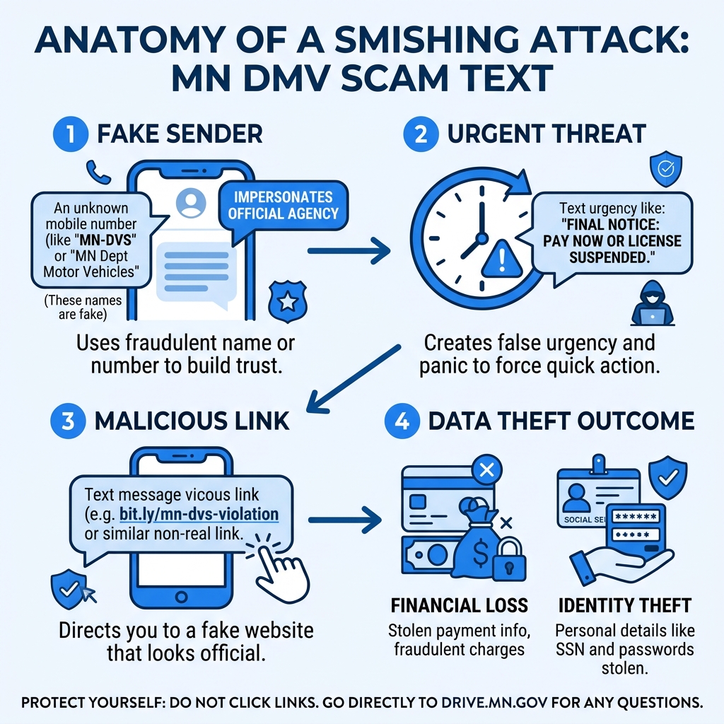 Anatomy of a smishing attack infographic showing fake sender, urgent threat, link, and data theft outcome - MN DMV scam text Anatomy of a smishing attack infographic showing fake sender, urgent threat, link, and data theft outcome - MN DMV scam text