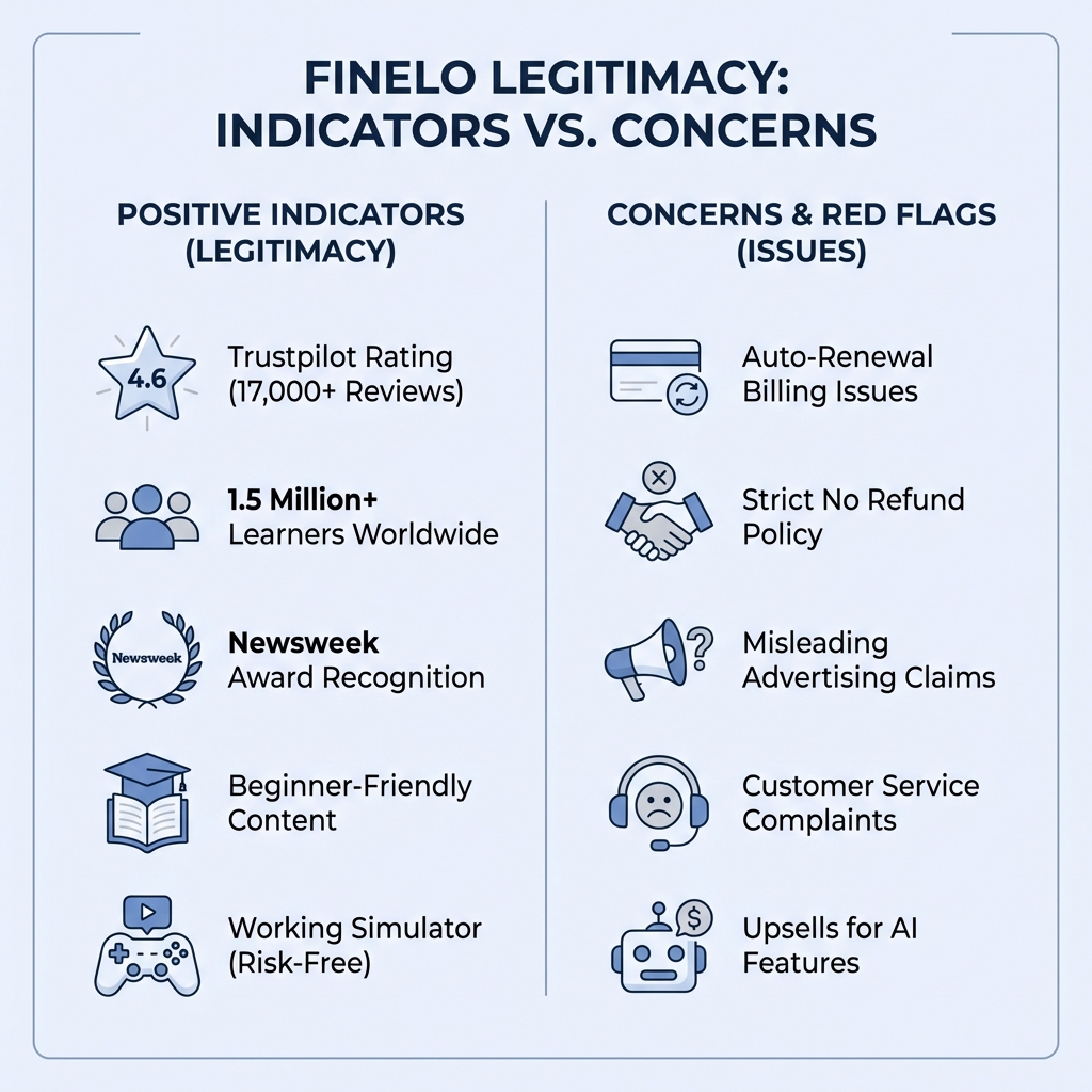 infographic comparing finelo legitimacy arguments showing two columns: left side lists positive indicators including 4.6 star trustpilot rating, 1.5 million learners, newsweek award, beginner friendly content, and working simulator; right side lists concerns including auto-renewal billing issues, strict no refund policy, misleading advertising claims, customer service complaints, and upsells for AI features - is finelo legit or a scam infographic 