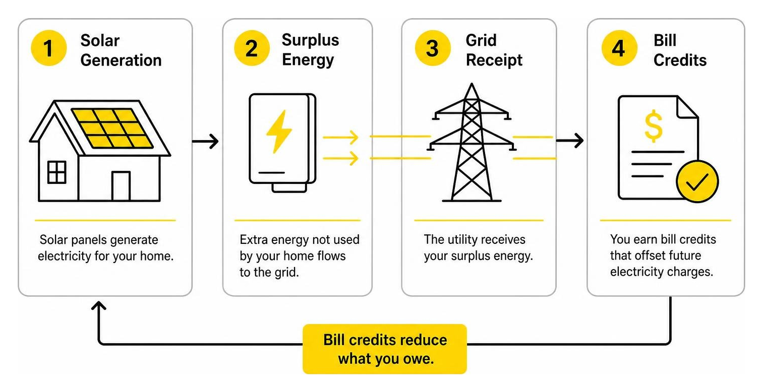 Flow of surplus residential solar energy to grid yielding bill credits Flow of surplus residential solar energy to grid yielding bill credits