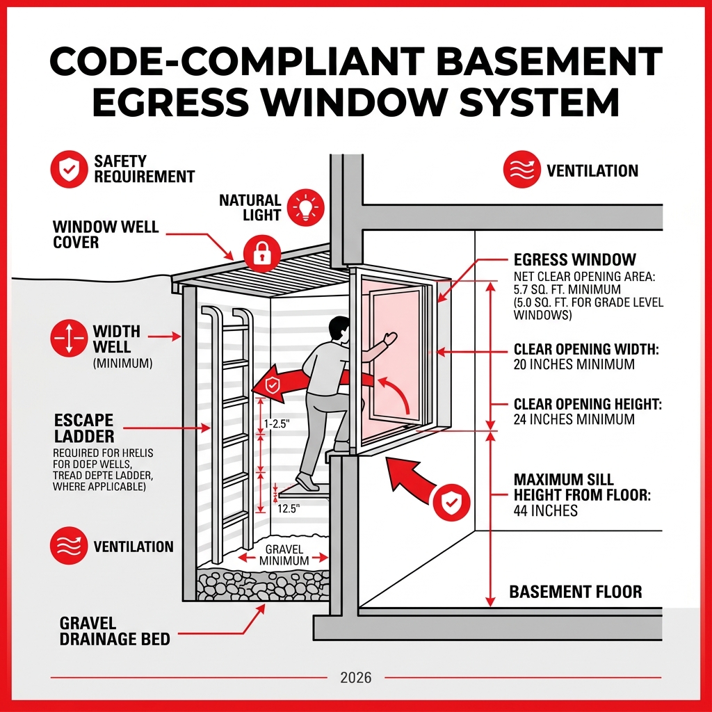 Infographic showing components of a code-compliant egress window system with dimensions and labels - windows for basement Infographic showing components of a code-compliant egress window system with dimensions and labels - windows for basement