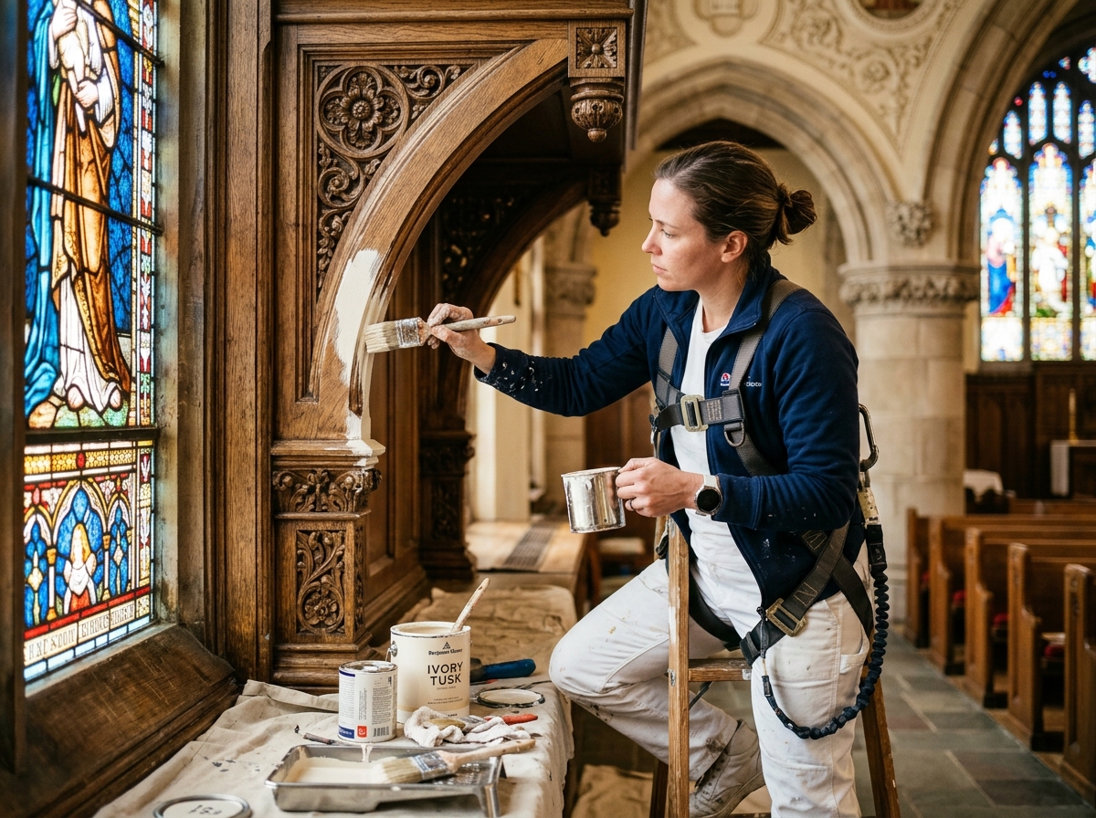 professional painter working on church trim - church painting contractors Indianapolis