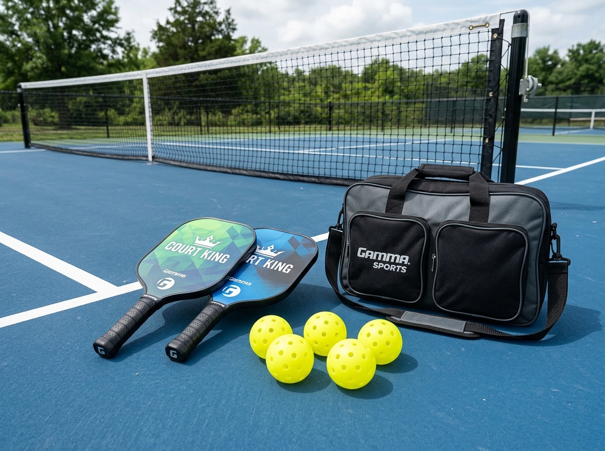 A complete starter set featuring two paddles, four balls, and a carry bag - pickleball equipment for beginners