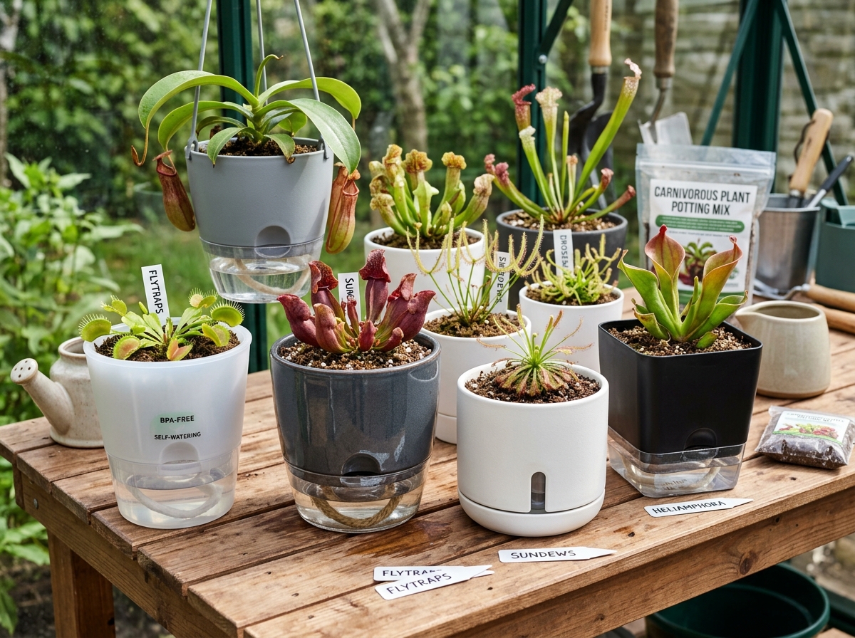 Various plastic and ceramic pots suitable for carnivorous plants - self watering pots for carnivorous plants