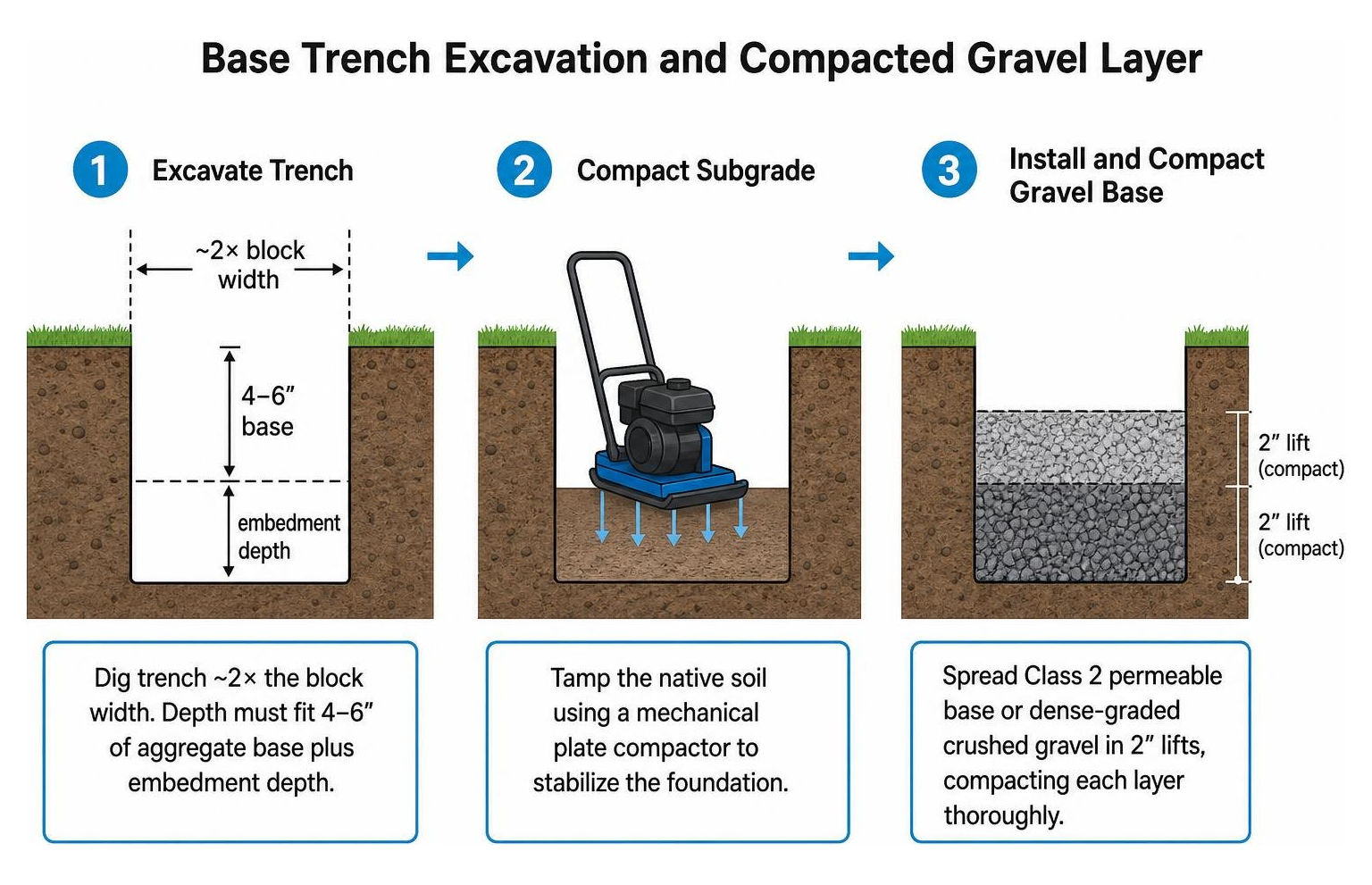 Base trench excavation and compacted gravel layer Base trench excavation and compacted gravel layer