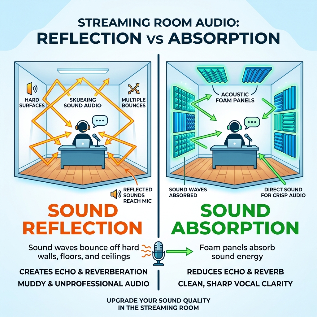 Infographic comparing sound reflection vs absorption in a streaming room setup - acoustic foam for streaming infographic 