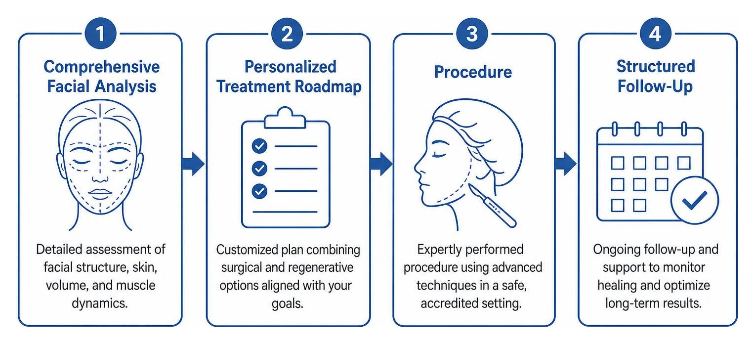 Consultation workflow: comprehensive facial analysis, personalized treatment roadmap, procedure, and structured follow-up