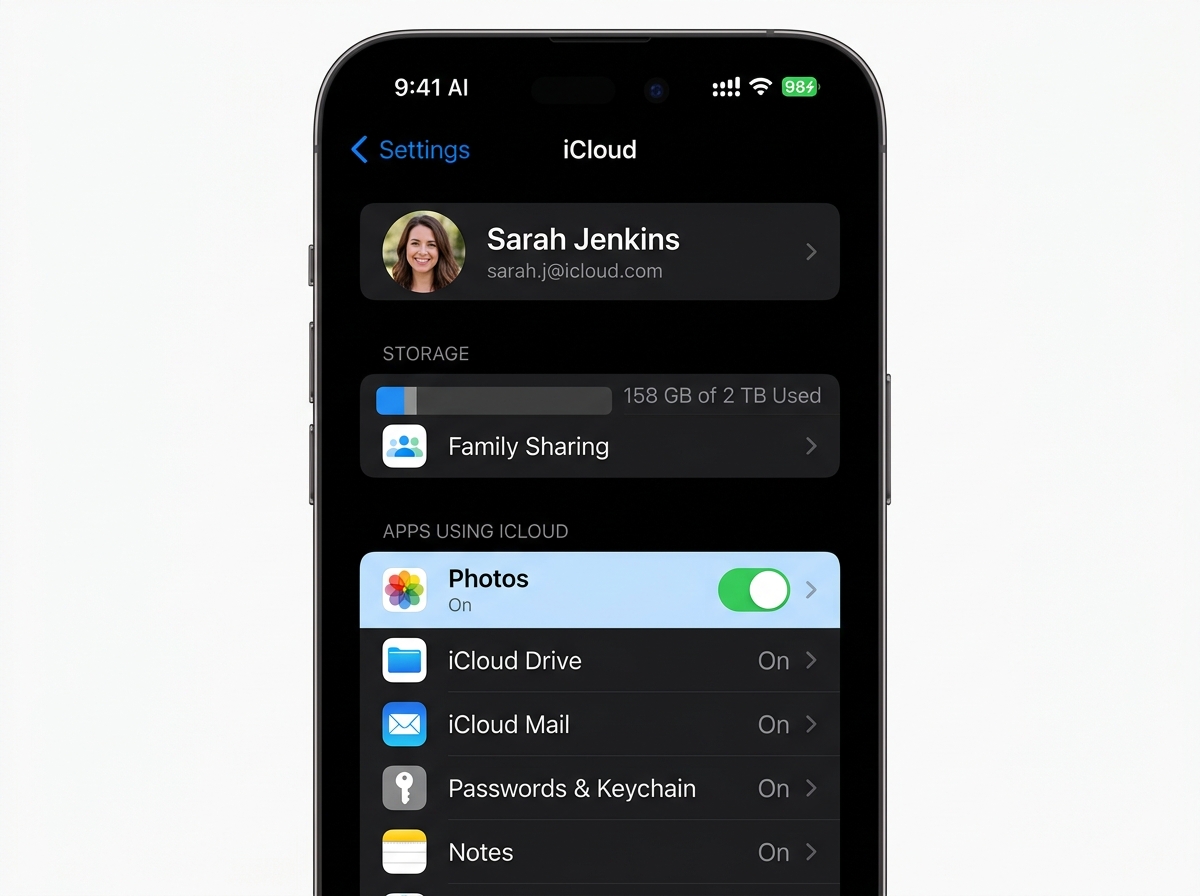 iPhone iCloud settings menu showing the Photos toggle - automatic photo upload iphone