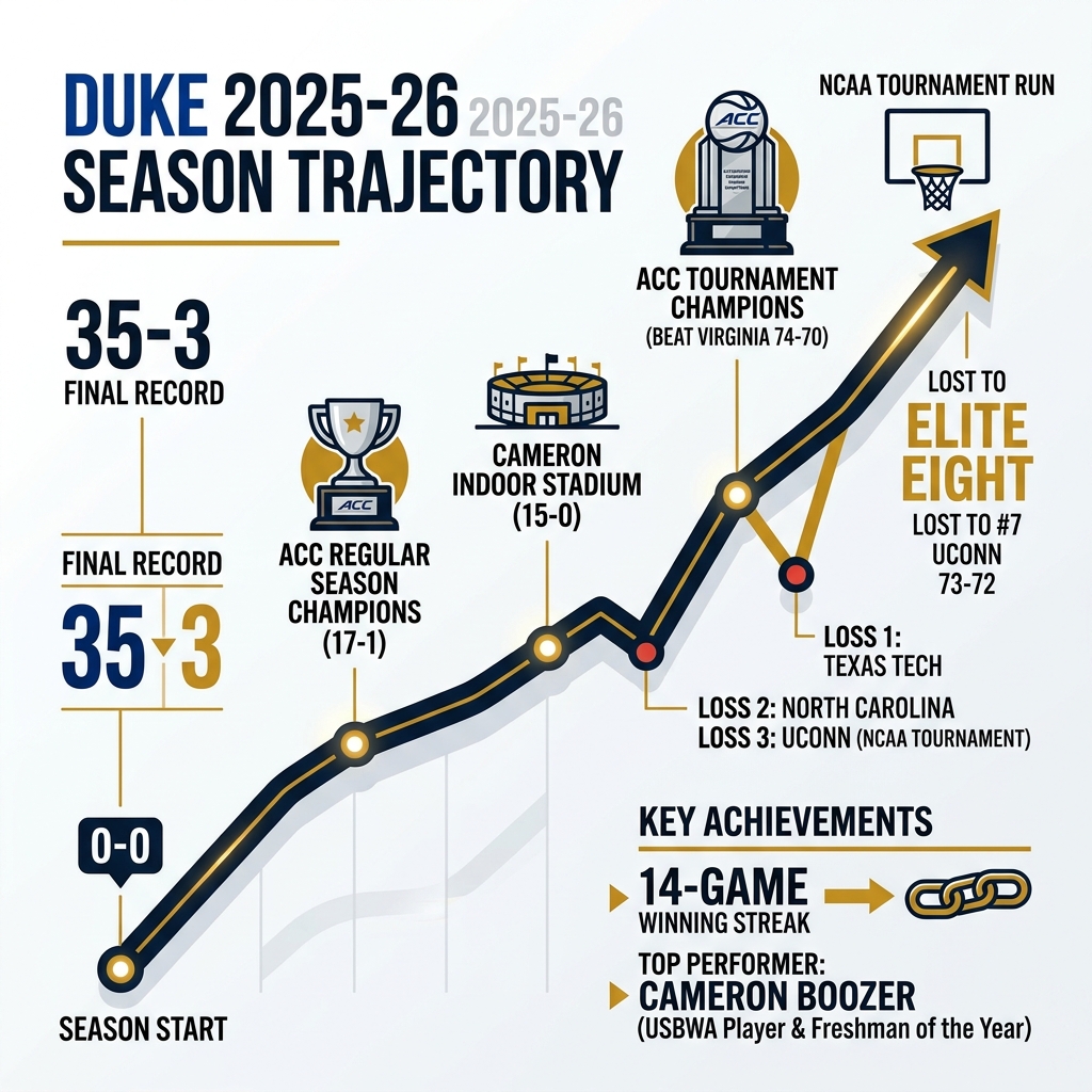 Duke 2025-26 season trajectory infographic showing record milestones wins losses and tournament run - duke schedule